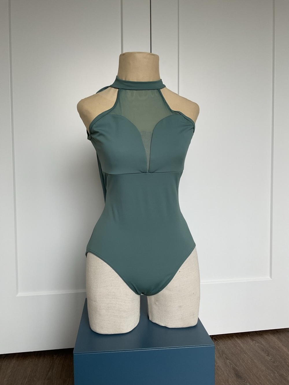 Halter Mesh Panel leotard - Teal Green M